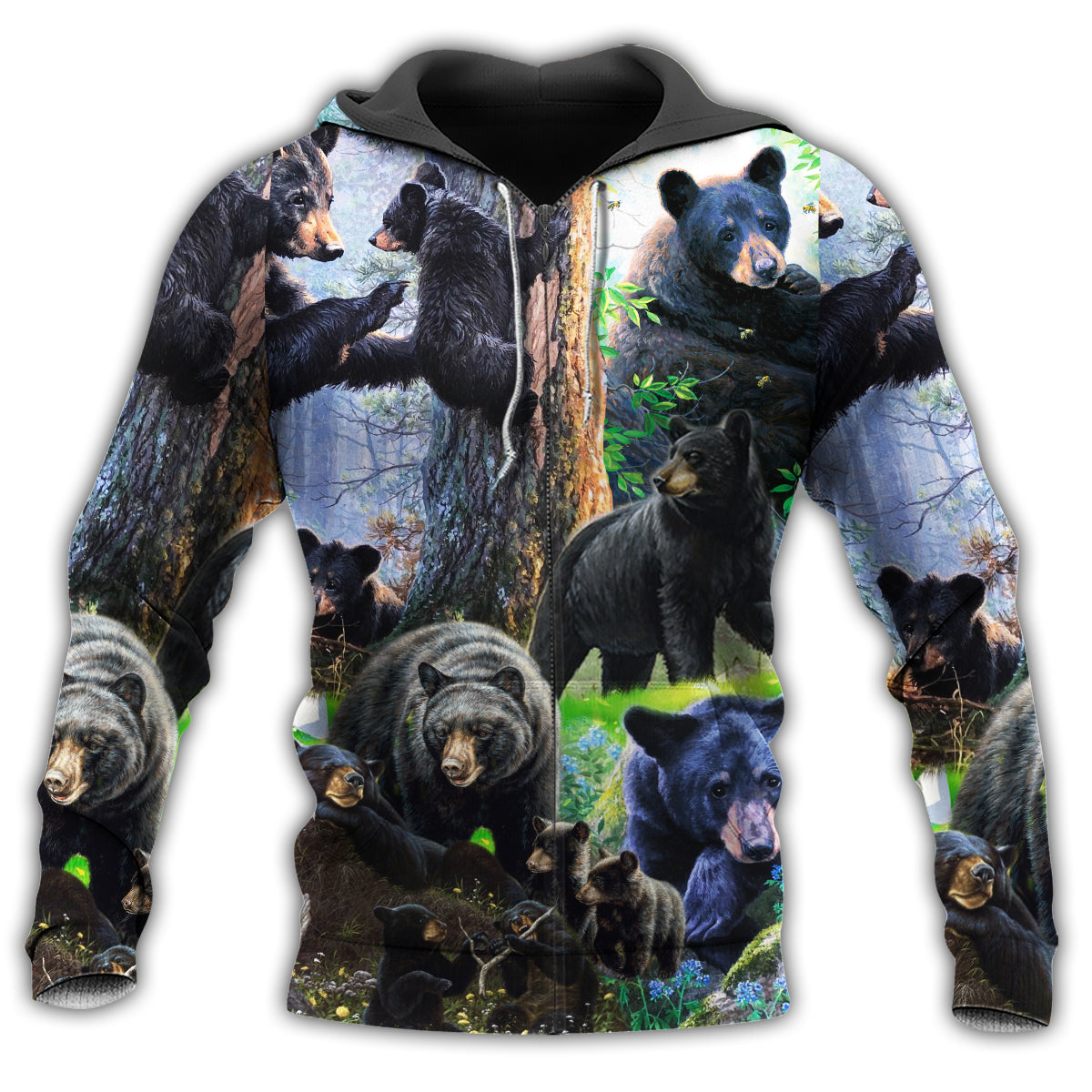 Black Bear Family Spring Hoodie For Animal Enthusiasts Outdoor Activities And Daily Wear