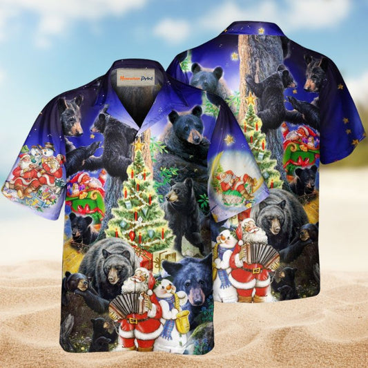 Spring Black Bear Family Christmas Hawaiian Shirt For Island Vacations, Resort Wear, And Relaxed Seasonal Style