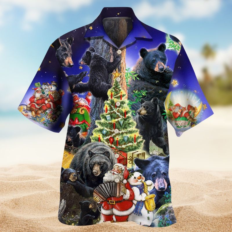 Spring Black Bear Family Christmas Hawaiian Shirt For Island Vacations, Resort Wear, And Relaxed Seasonal Style