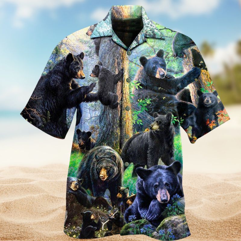 Spring Black Bear Hawaiian Shirt For Beach Days, Summer Outings, And Thoughtful Gift Giving