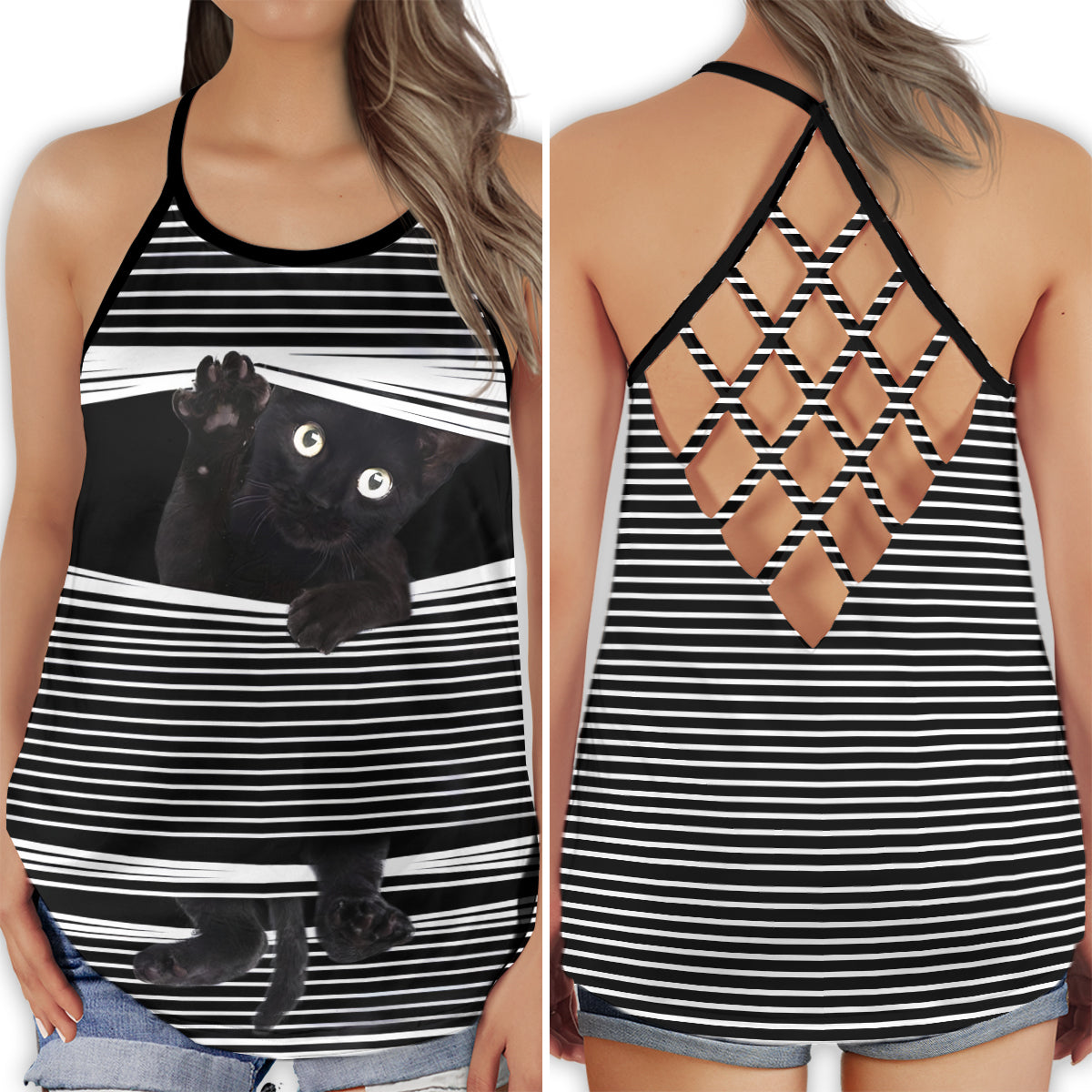 Black Cat Lover Mystery Charm Hollow Tank Top For Yoga Workouts And Casual Wear