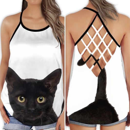 Black Cat White Cute Minimal Animal Hollow Tank Top For Yoga Workouts And Casual Wear