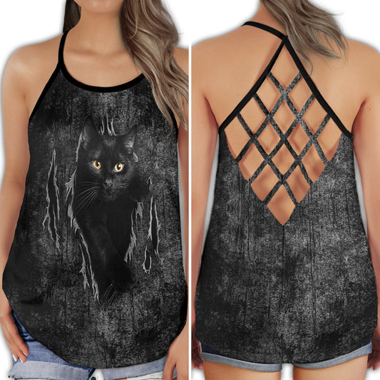 Black Cat Artistic Night Cute Animal Graphic Hollow Tank Top For Yoga Workouts And Casual Wear