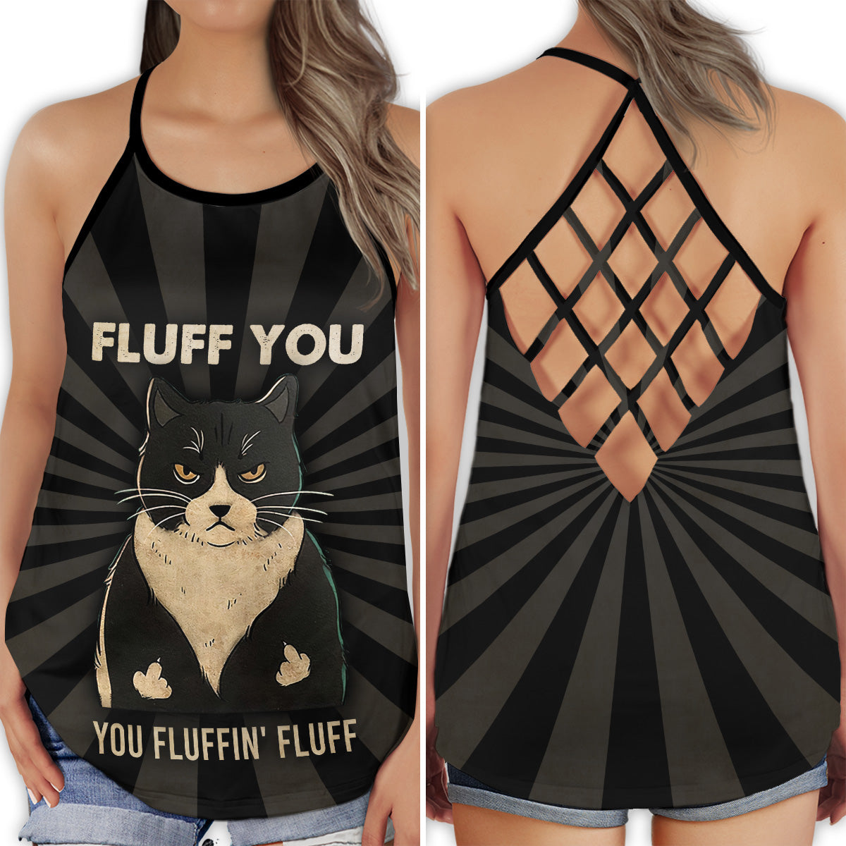 Black Cat Black Pattern Hollow Tank Top For Yoga Workouts And Casual Wear