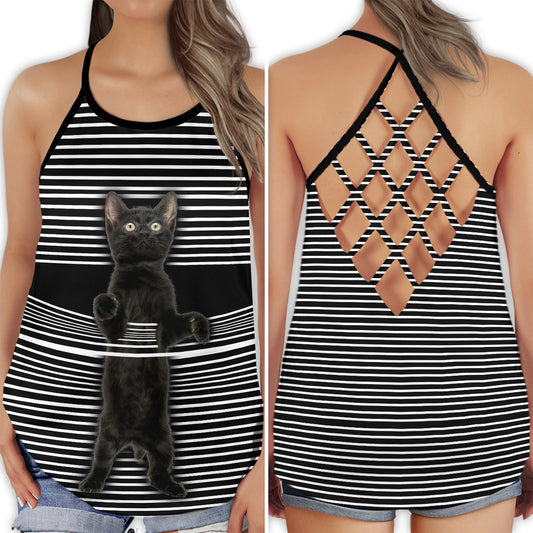 Black Cat Stripe Pattern Hollow Tank Top For Yoga Workouts And Casual Wear
