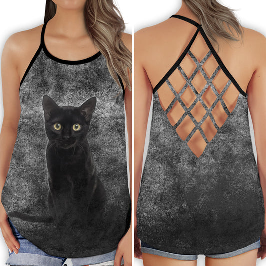 Black Cat Minimal Hollow Tank Top For Yoga Workouts And Casual Wear