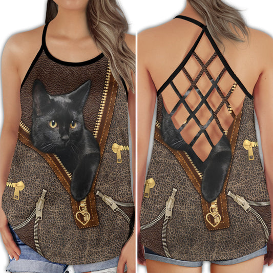 Black Cat Artistic Cute Modern Animal Graphic Hollow Tank Top For Yoga Workouts And Casual Wear