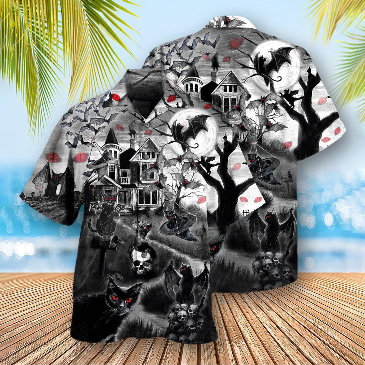 Black Cat Halloween Flying Horror Night Hawaiian Shirt Design Detail For Sunny Adventures And Casual Wear