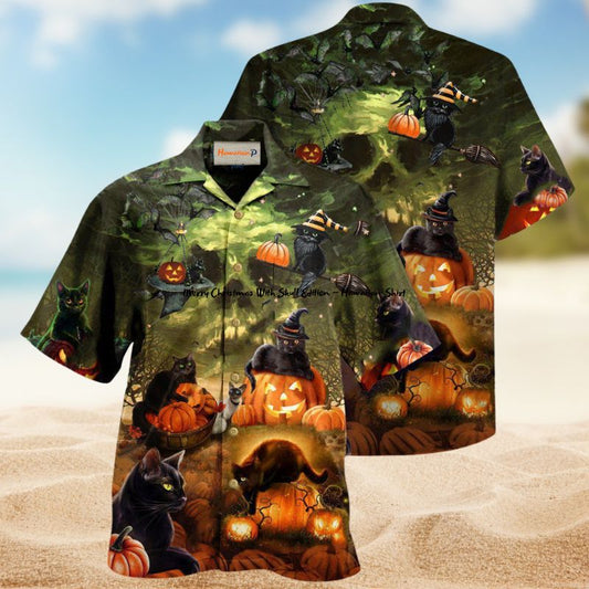 Black Cat Halloween Luck Hawaiian Shirt For Beach Holidays Outdoor Outings And Relaxed Everyday Wear