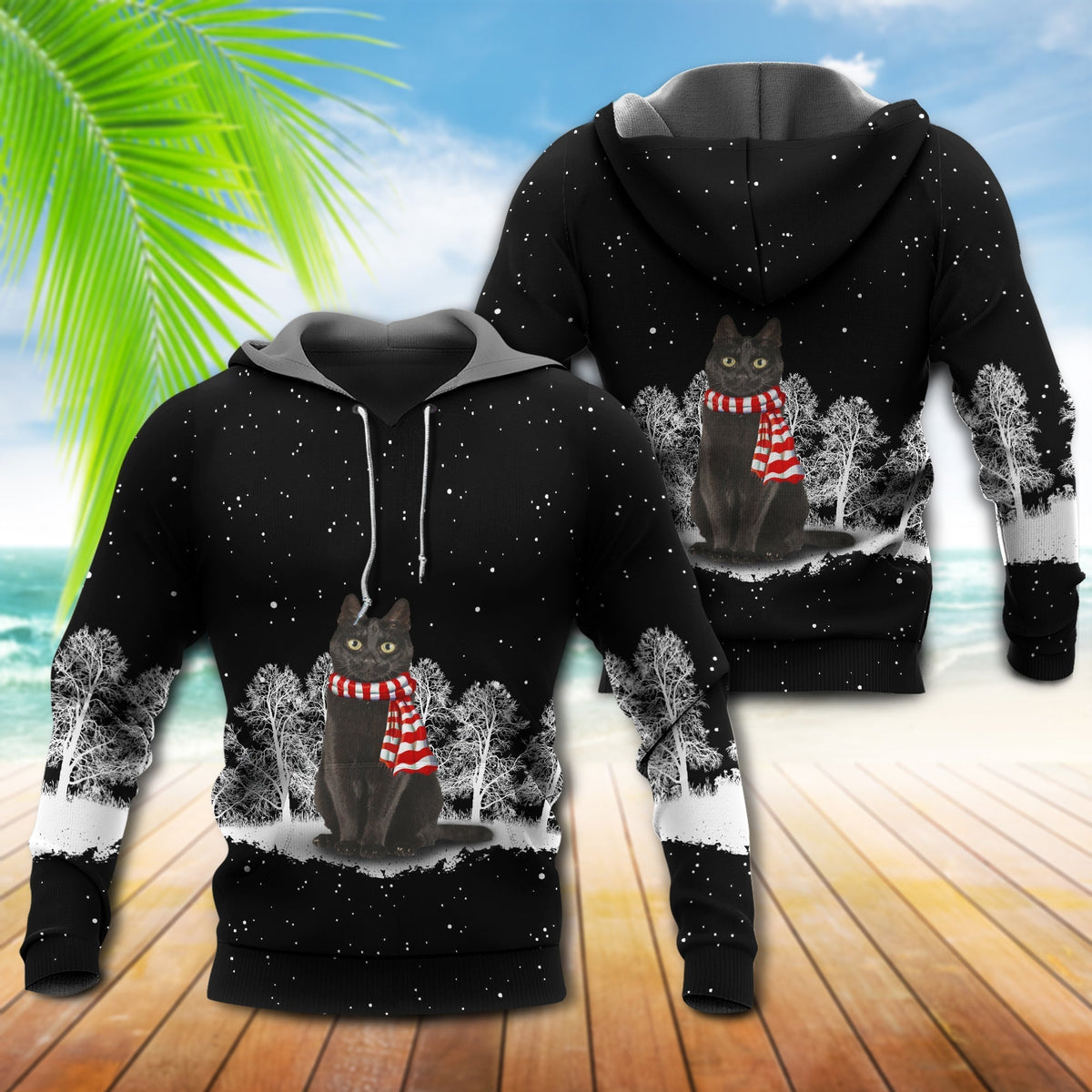 Black Cat Snowy Night Hoodie For Animal Lovers Casual Streetwear Travel And Everyday Comfort