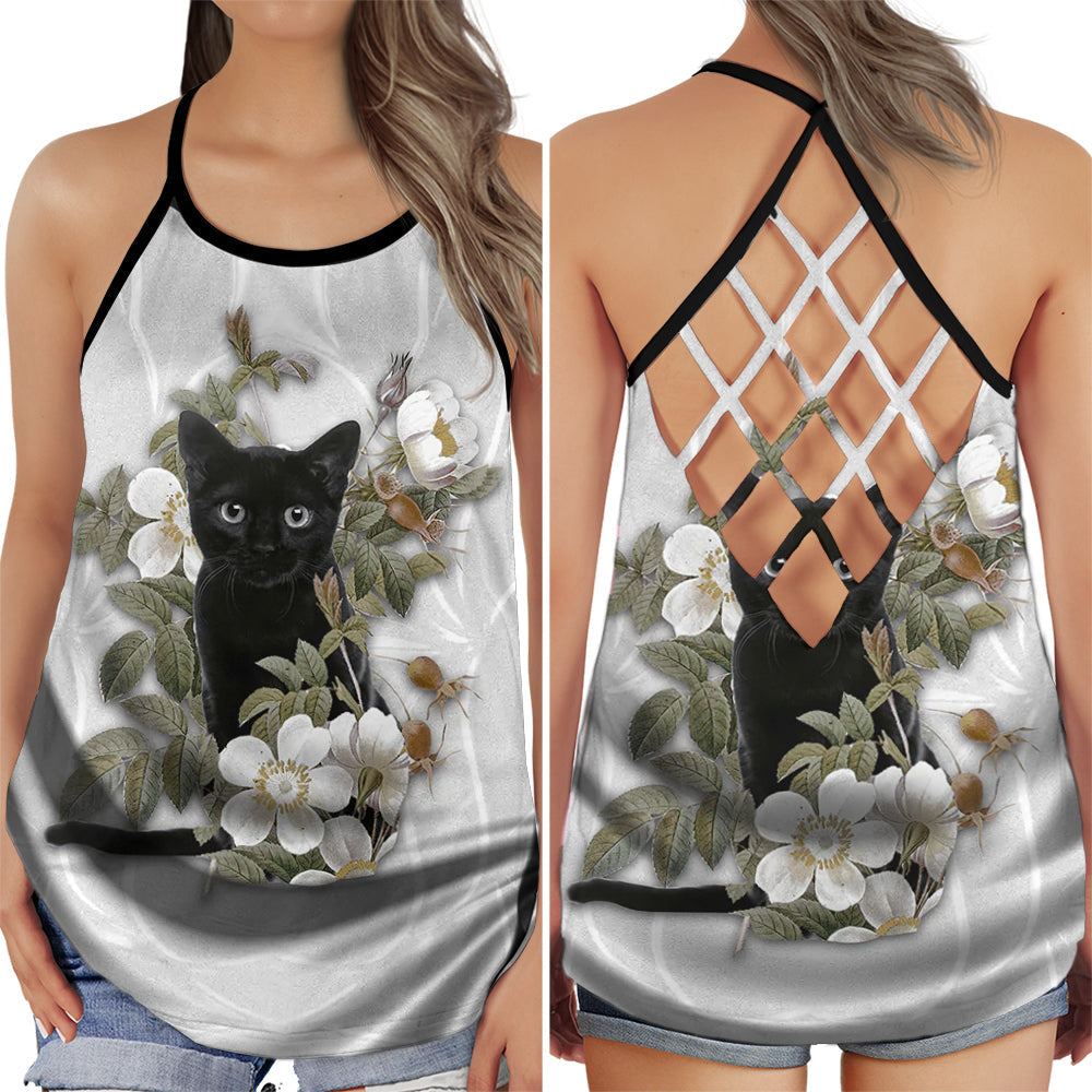 Black Cat Floral Peaceful Summer Hollow Tank Top For Yoga Practice And Summer Outings