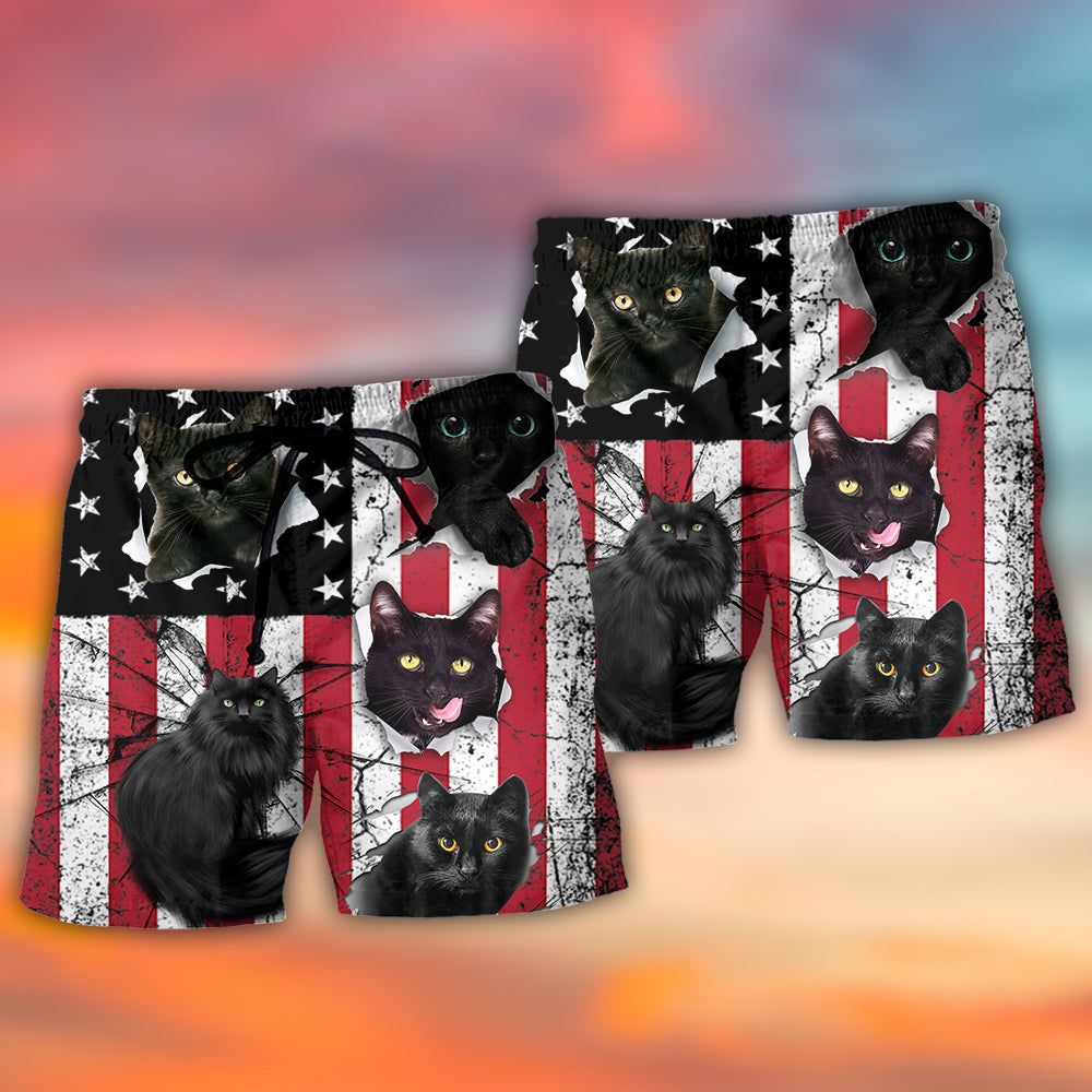 Independence Day Black Cat Beach Shorts Pattern Detail For Casual Outings And Easy Warm Weather Wear