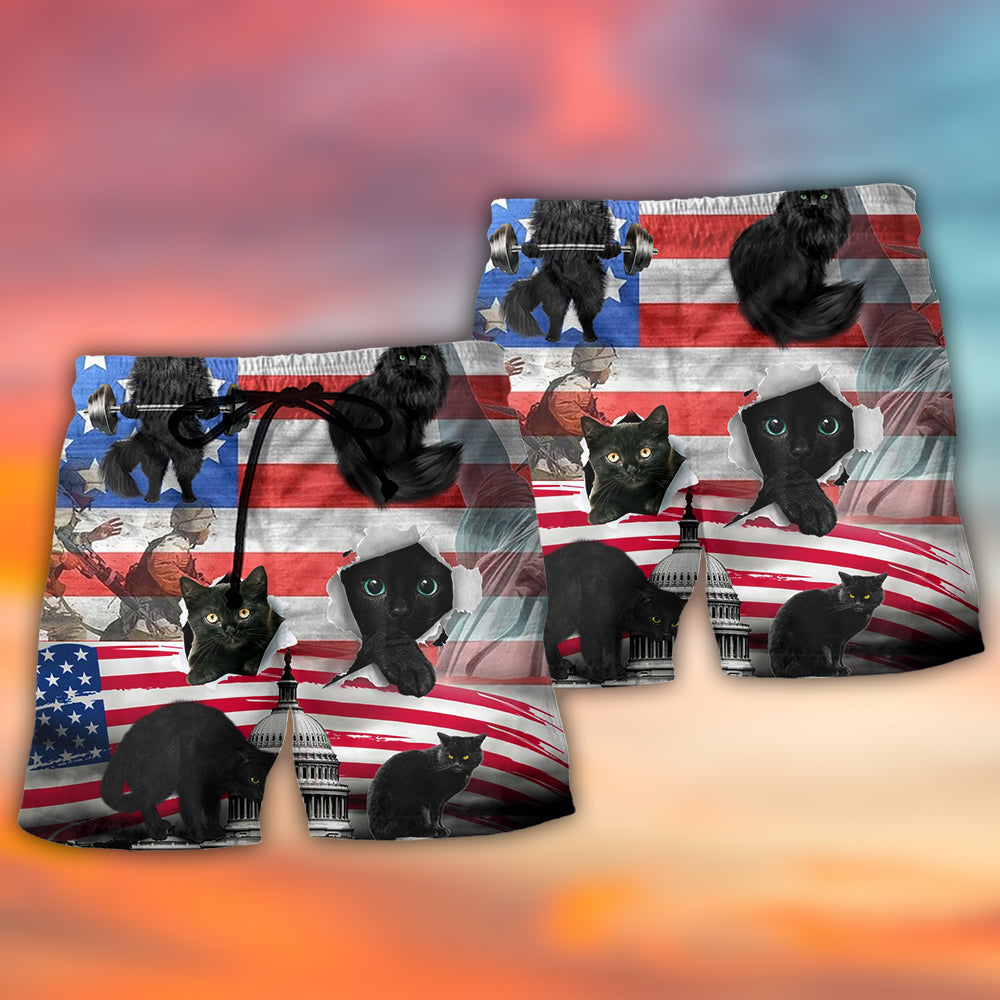 Black Cat America Independence Beach Shorts Pattern View For Heritage Inspired Vacation Wear