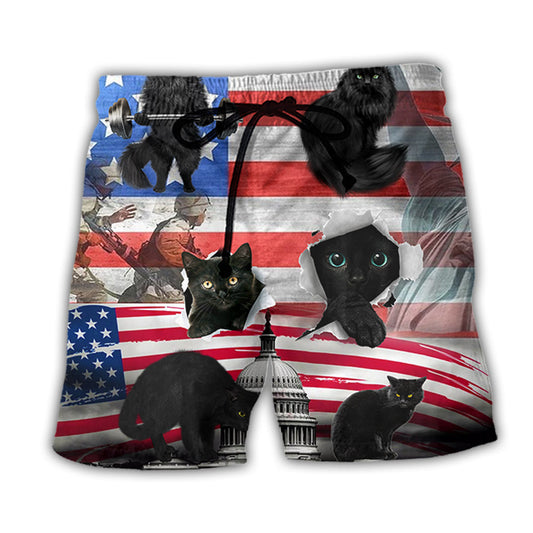 Black Cat America Independence Beach Shorts Pattern View For Weekend Trips And Outdoor Activities