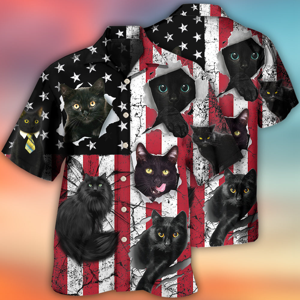 Black Cat Independence Day Hawaiian Shirt Pattern View For Lightweight Everyday Style