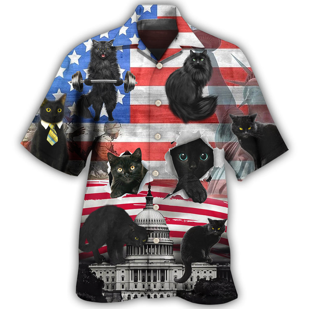 Patriotic American Cat Hawaiian Shirt Tropical Styling View For Coastal Travel