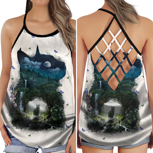 Black Cat Tree Peaceful Summer Hollow Tank Top For Yoga Workouts And Casual Wear