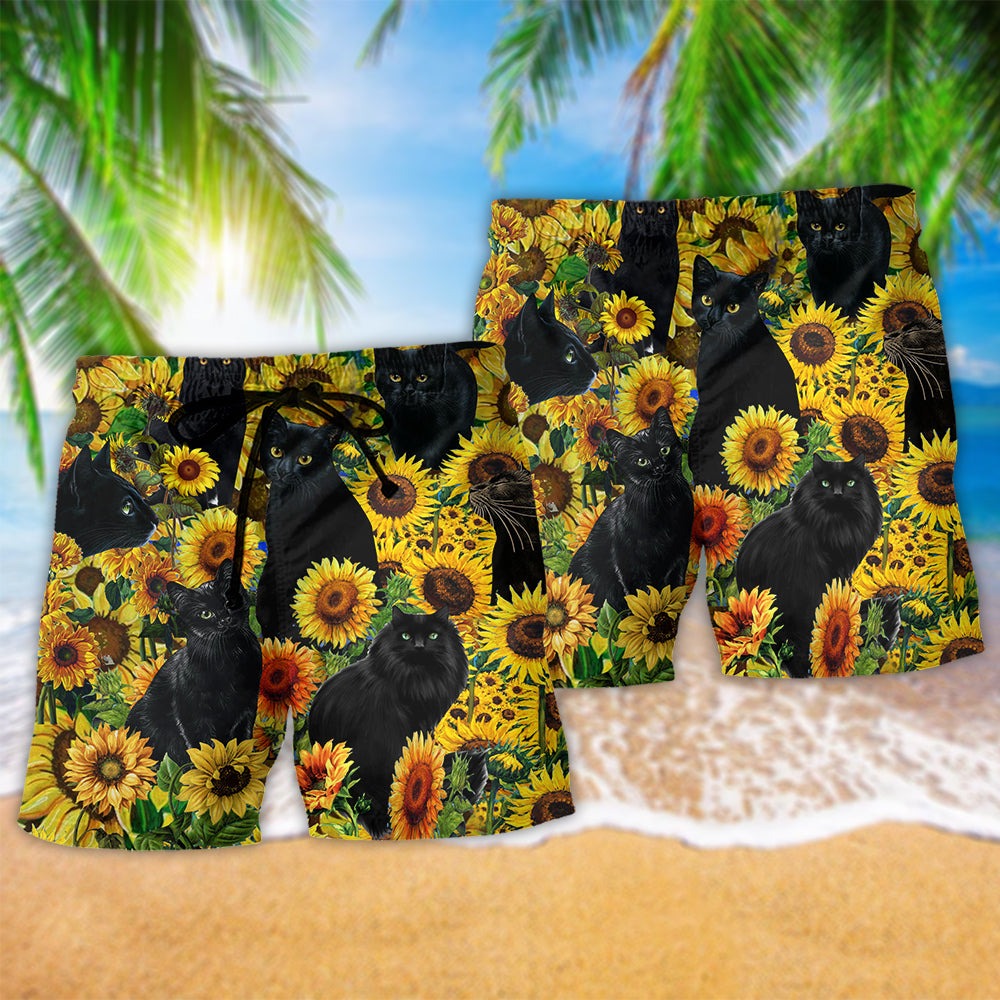 Black Cat Love Sunflower Hawaiian Print Beach Shorts For Beach Days And Resort Travel