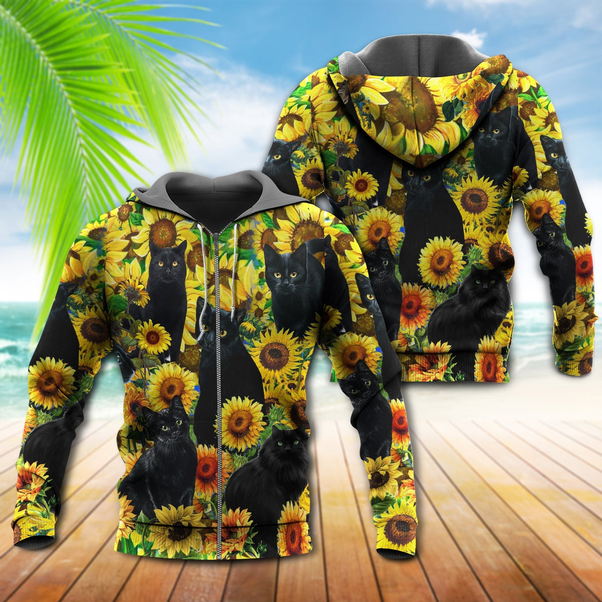 Black Cat Sunflower Love Hoodie For Animal Enthusiasts Outdoor Activities And Daily Wear