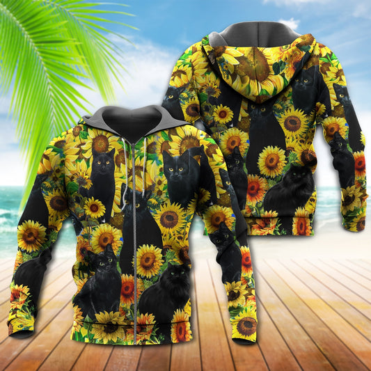 Black Cat Sunflower Love Hoodie For Animal Enthusiasts Outdoor Activities And Daily Wear