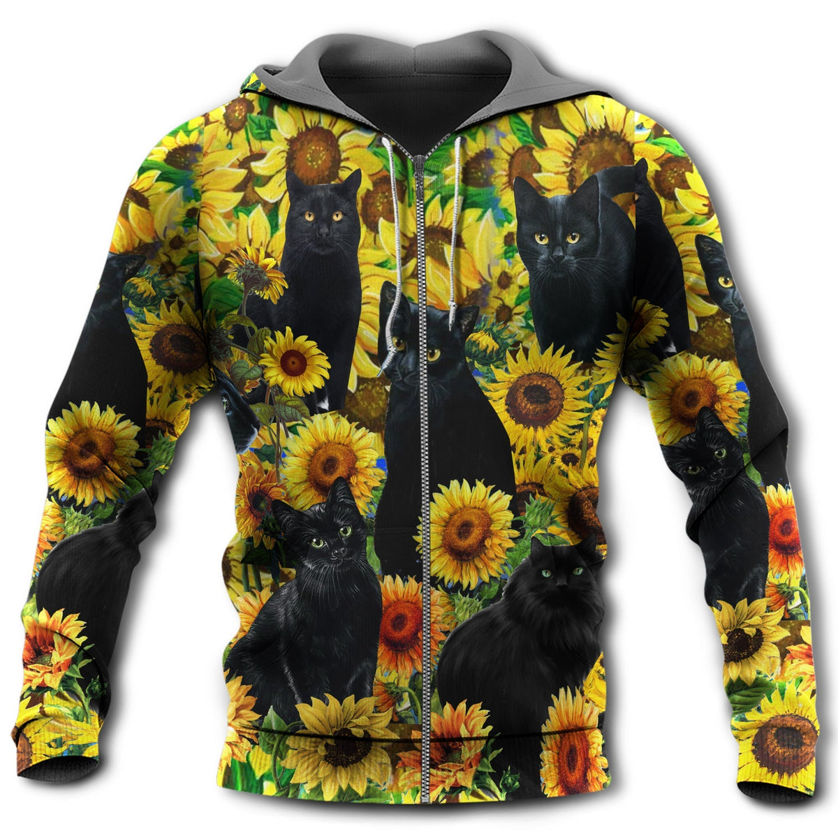 Black Cat Sunflower Love Hoodie For Animal Enthusiasts Outdoor Activities And Daily Wear