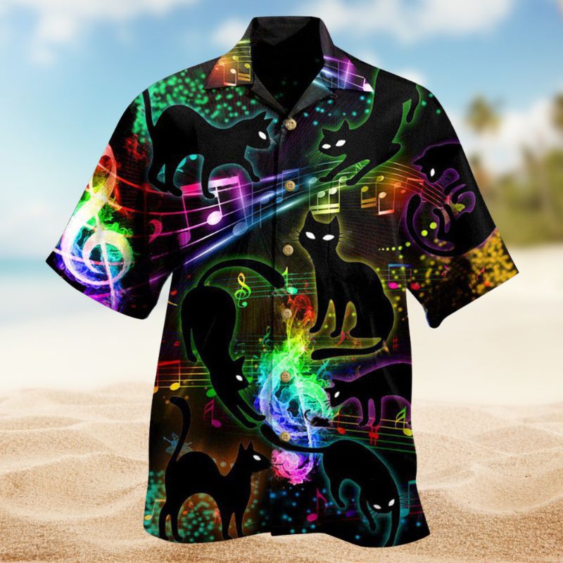 Magical Black Cat Light Music Notes Hawaiian Shirt For Festival Travel, Beach Gatherings, And Relaxed Summer Style