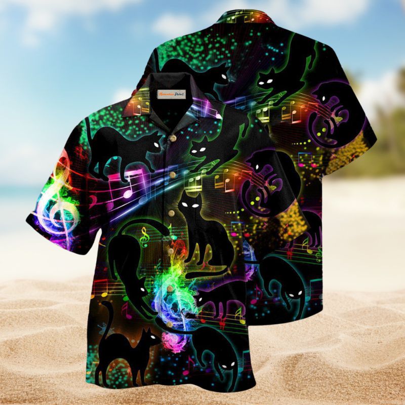 Magical Black Cat Light Music Notes Hawaiian Shirt For Festival Travel, Beach Gatherings, And Relaxed Summer Style