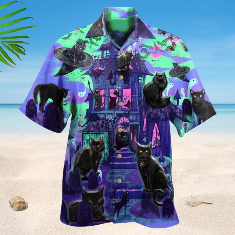 Black Cats In A Haunted House Hawaiian Shirt For Summer Vacation Beach Travel And Relaxed Casual Wear