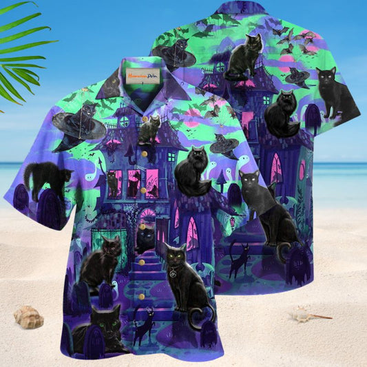 Black Cats In A Haunted House Hawaiian Shirt For Summer Vacation Beach Travel And Relaxed Casual Wear