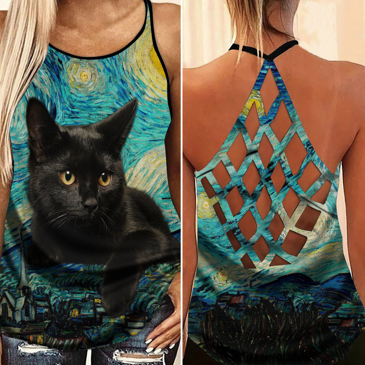 Black Cat Artistic Hollow Tank Top For Fitness Activities And Relaxed Style