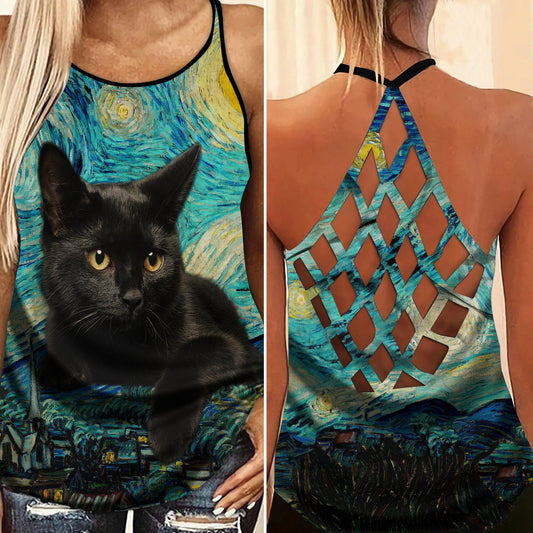Black Cat Artistic Hollow Tank Top For Fitness Activities And Relaxed Style