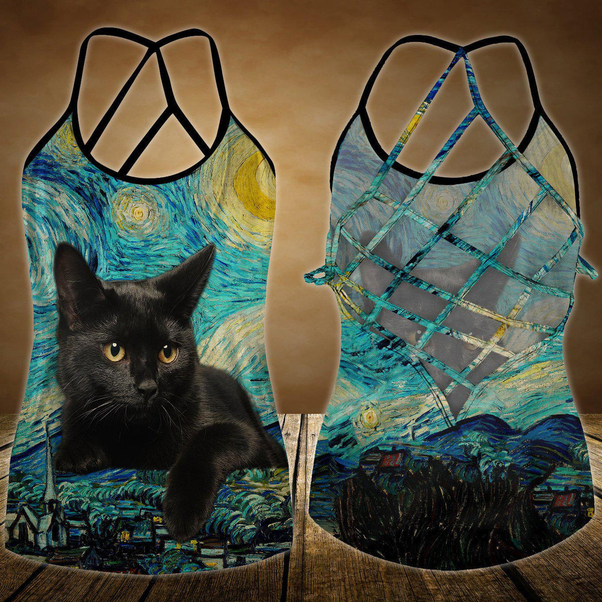 Black Cat Artistic Hollow Tank Top For Fitness Activities And Relaxed Style