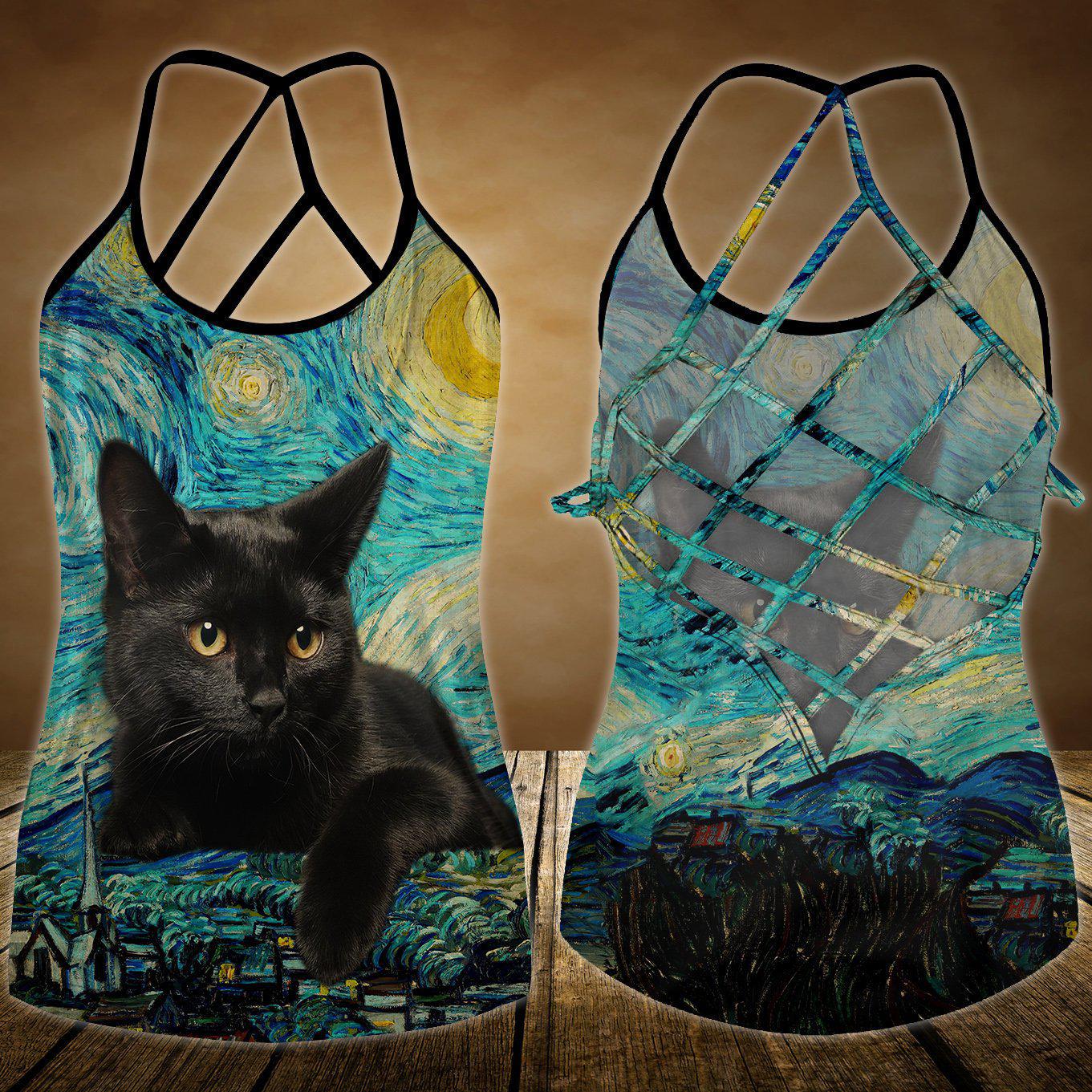 Black Cat Artistic Hollow Tank Top For Fitness Activities And Relaxed Style