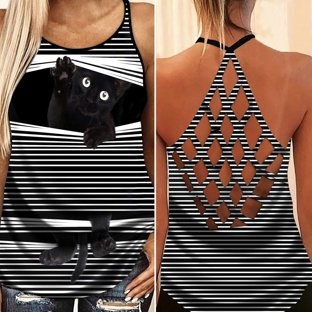 Black Cat Artistic Hollow Tank Top For Active Lifestyles And Weekend Style