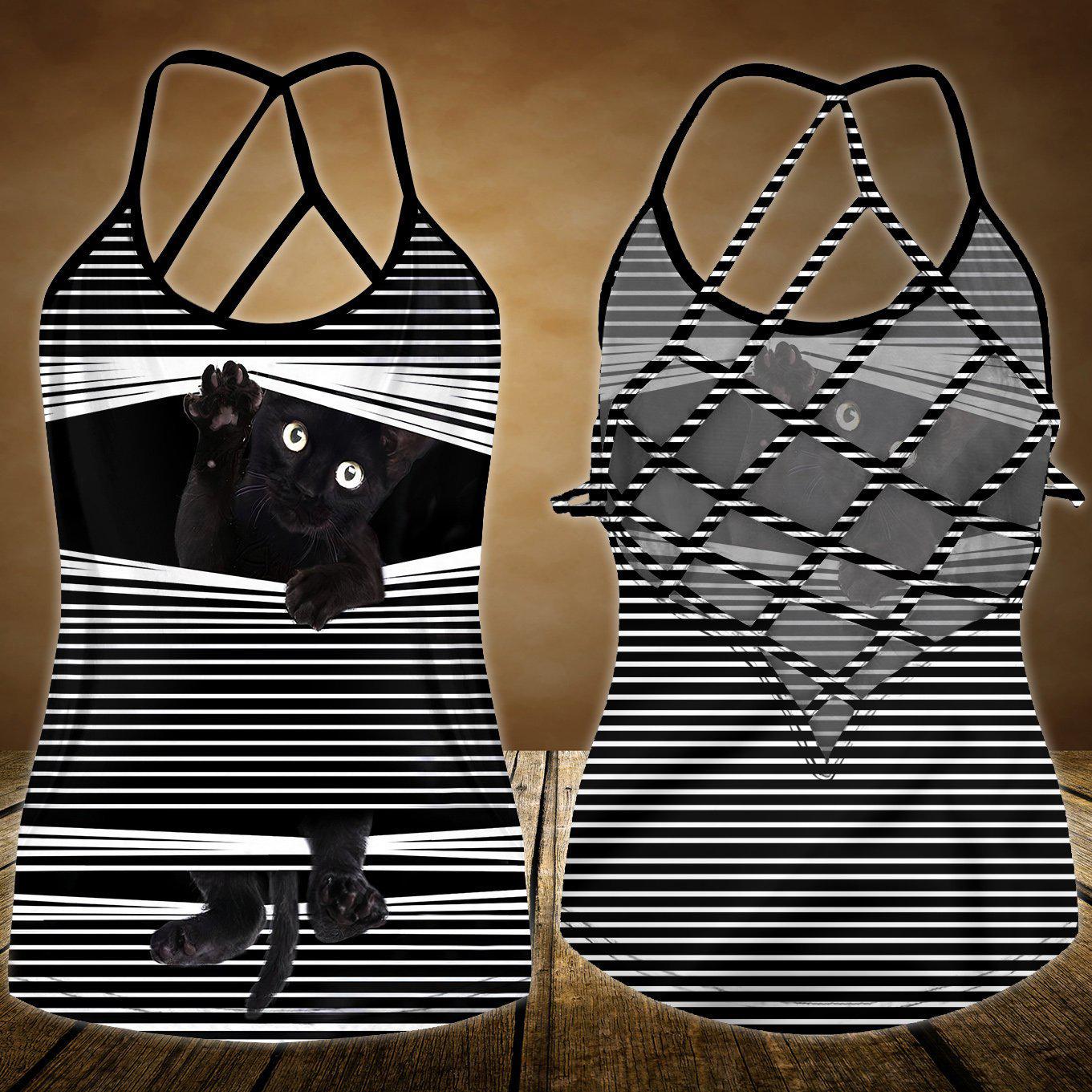 Black Cat Artistic Hollow Tank Top For Active Lifestyles And Weekend Style