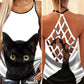 Black Cat Artistic Hollow Tank Top For Yoga Practice And Vacation Outfits