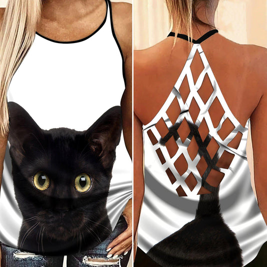 Black Cat Artistic Hollow Tank Top For Yoga Practice And Vacation Outfits