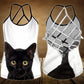Black Cat Artistic Hollow Tank Top For Yoga Practice And Vacation Outfits
