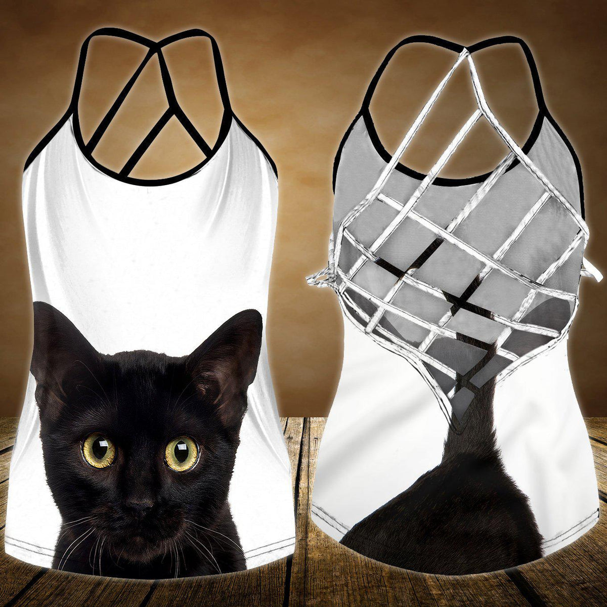 Black Cat Artistic Hollow Tank Top For Yoga Practice And Vacation Outfits