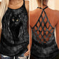 Black Cat Artistic Hollow Tank Top For Studio Workouts And Casual Wear