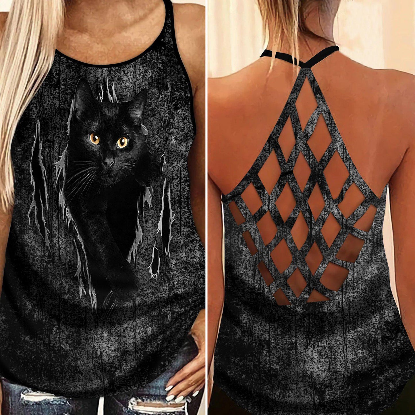 Black Cat Artistic Hollow Tank Top For Studio Workouts And Casual Wear