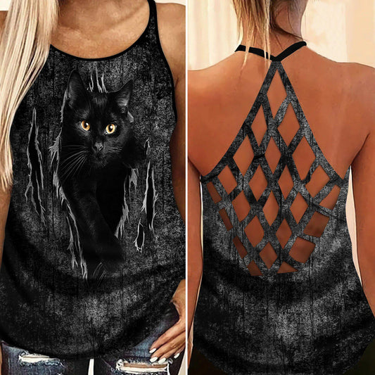 Black Cat Artistic Hollow Tank Top For Studio Workouts And Casual Wear