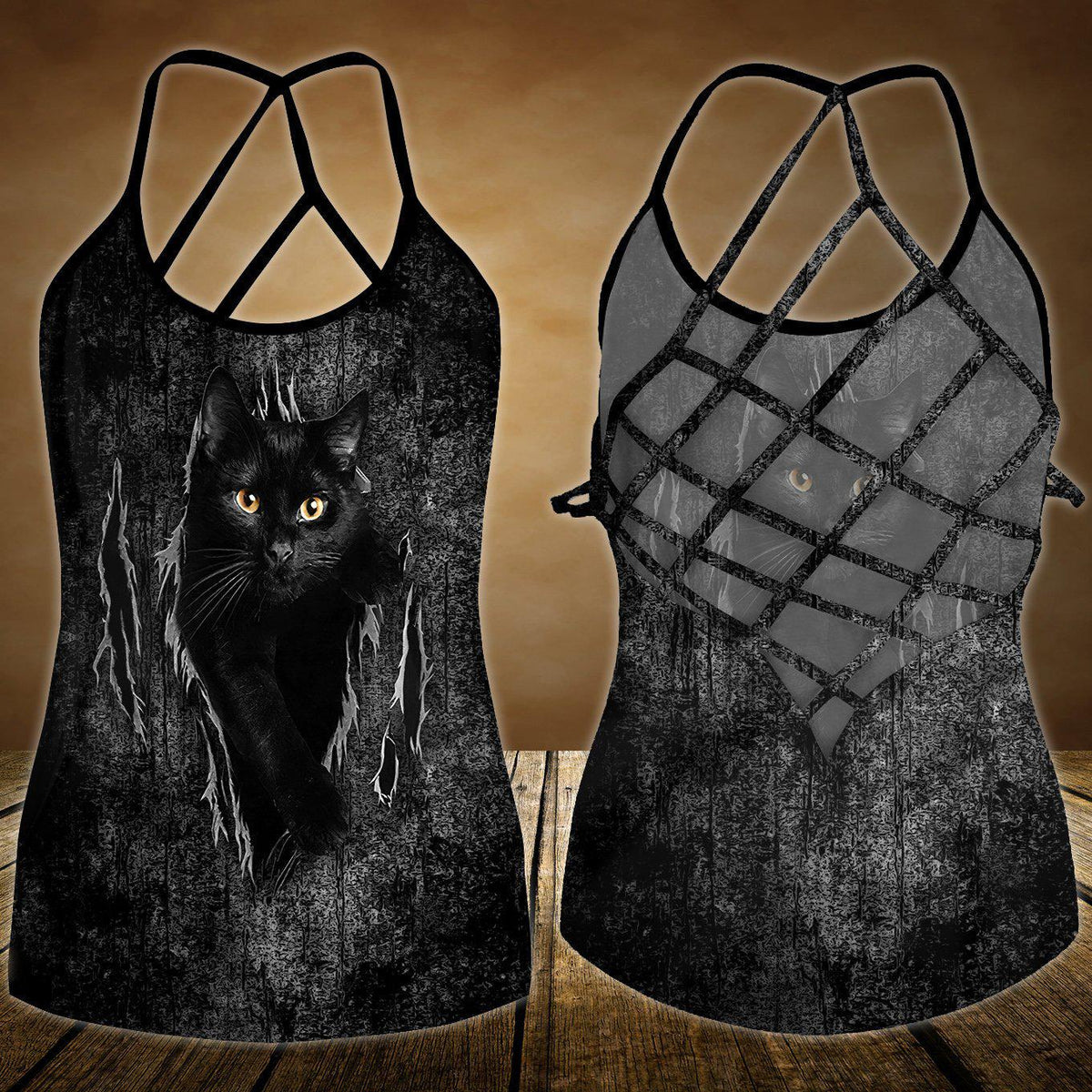 Black Cat Artistic Hollow Tank Top For Studio Workouts And Casual Wear