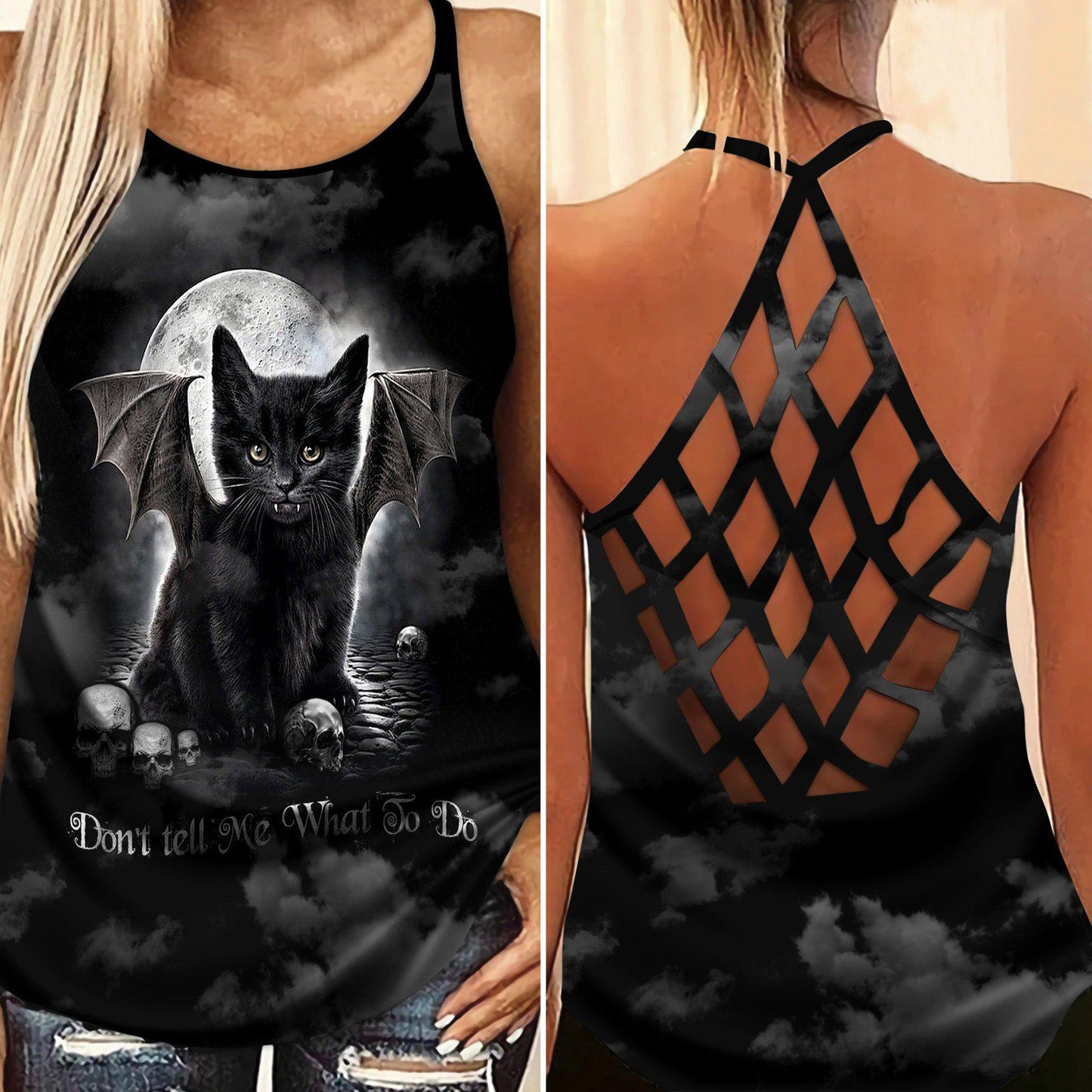 Black Cat Artistic Hollow Tank Top For Outdoor Activities And Athleisure