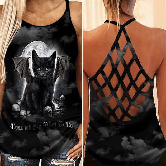 Black Cat Artistic Hollow Tank Top For Outdoor Activities And Athleisure