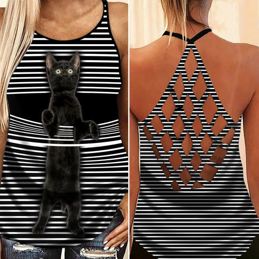 Black Cat Artistic Hollow Tank Top For Fitness Sessions And Summer Events