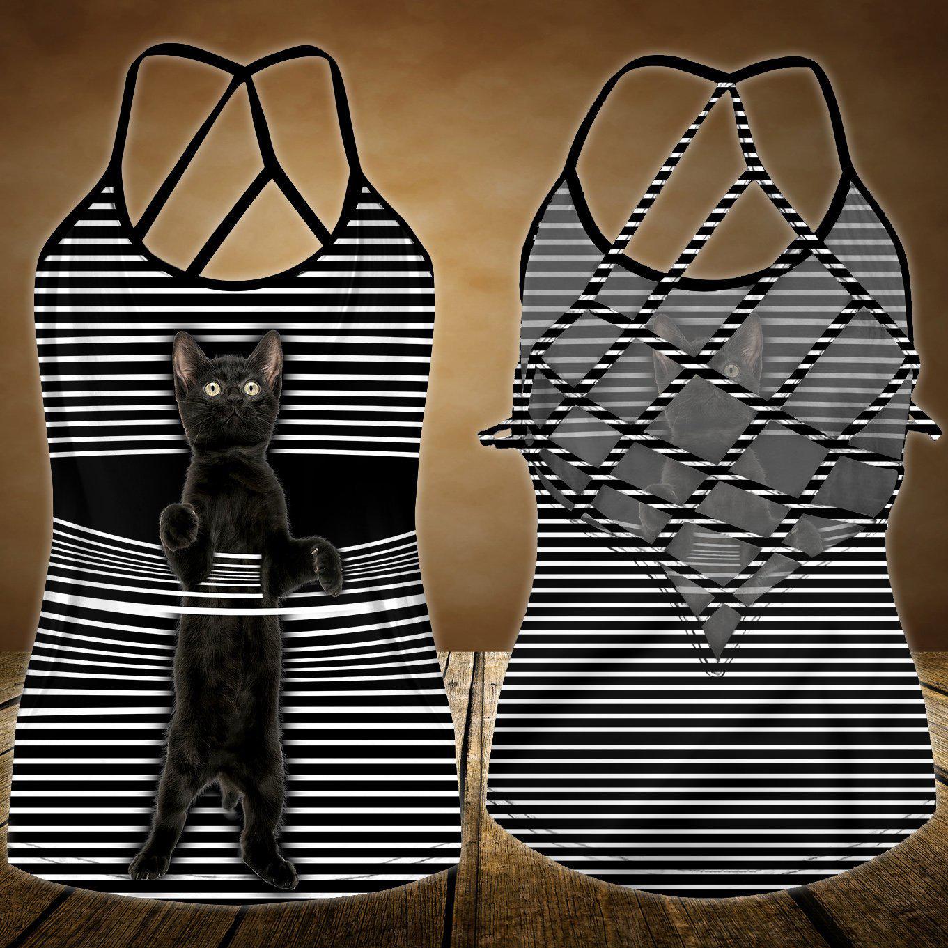 Black Cat Artistic Hollow Tank Top For Fitness Sessions And Summer Events