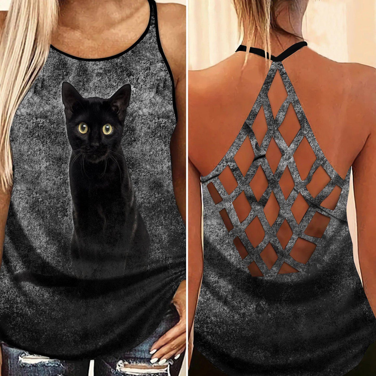 Black Cat Artistic Hollow Tank Top For Summer Outings And Everyday Comfort