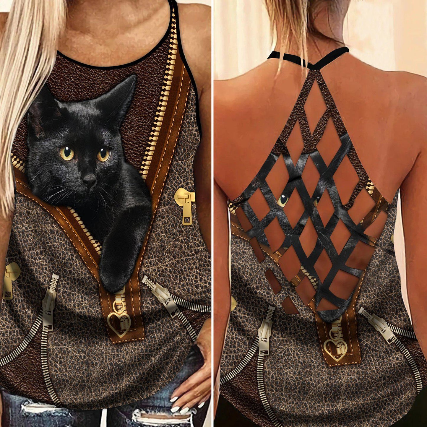 Black Cat Artistic Hollow Tank Top For Active Days And Thoughtful Gifting