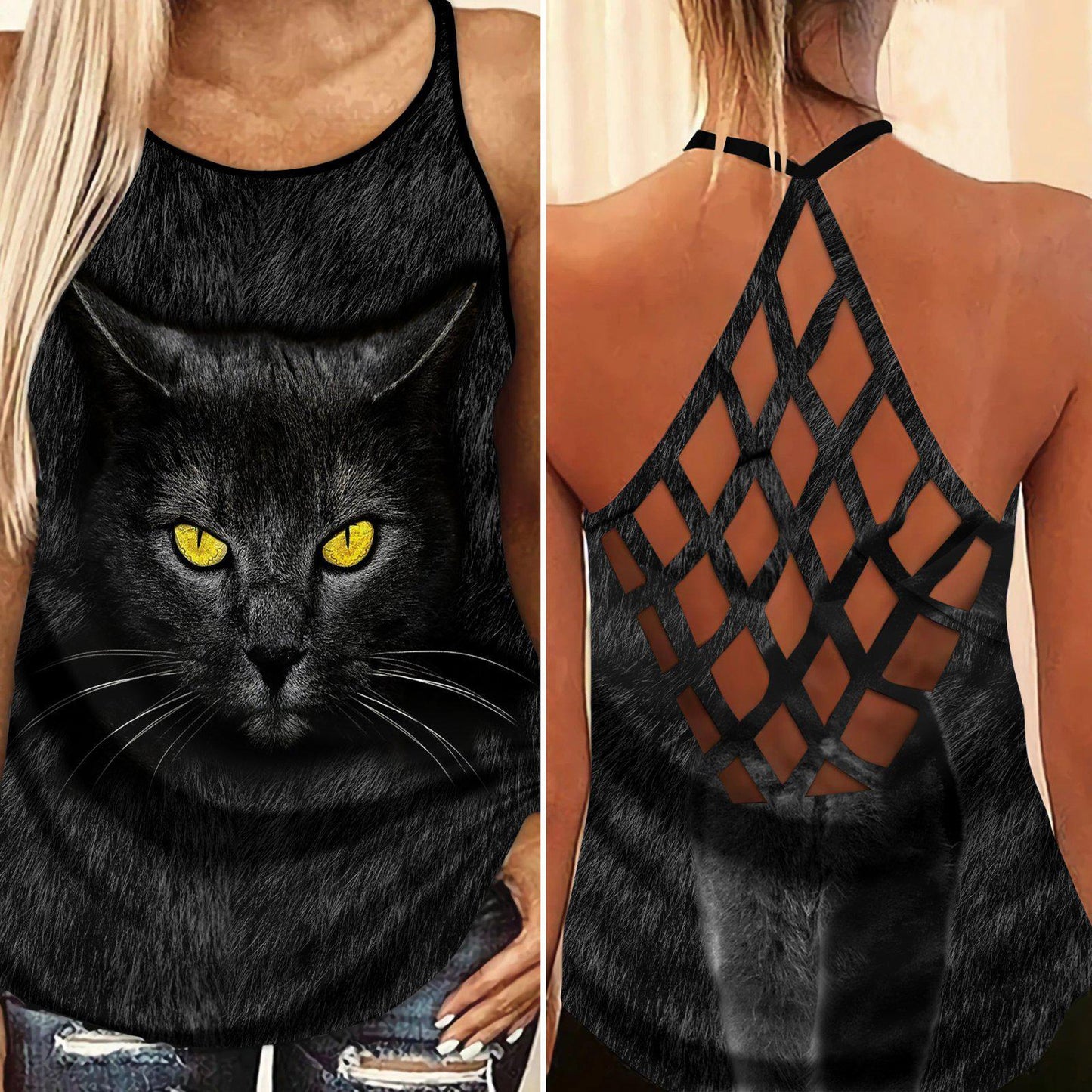 Black Cat Artistic Hollow Tank Top For Yoga Workouts And Casual Wear
